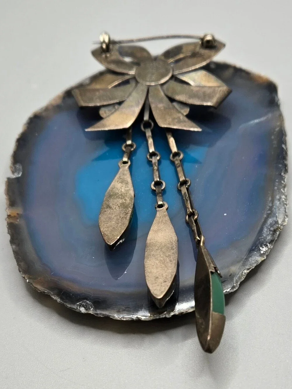 Taxco Mexico Quinto 925 Brooch Sterling Silver w/ Green Cabochons Vintage - Picture 3 of 8